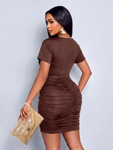 SOLERSUN Sexy Elegant Party Lace V-Neck Fitted Bodycon Mini Skirt For Women Spring Summer (Random Lace Trim) - Brown - View 2