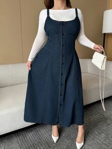 Dazy Plus Washed Vintage Denim Casual Layering Fitted Spaghetti Strap Denim Dress Spring/Autumn New - Dark Wash - View 4