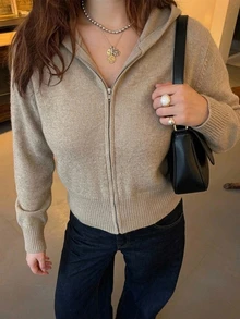 Dazy Plus Solid Color Fitted Short Hooded Zip-Up Long Sleeve Casual Streetwear Vacation Autumn/Winter Knit Cardigan - Khaki - View 5