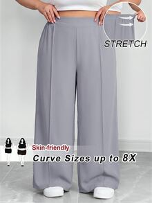 SHEIN CURVE+ 大尺碼女款純色百褶褲，黑色寬鬆寬腿褲，Curve Plus，Hoho Vacation - 灰色 - 查看 1