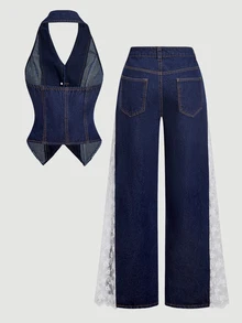 Sweetra Women's Single-Breasted Halter Neck Top And Long Pants Casual Everyday Denim Set - Blue - View 2