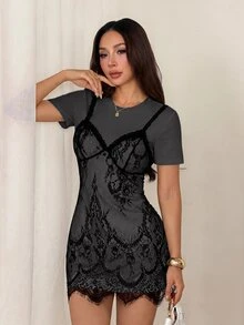 SHEIN PETITE 女款蕾絲拼接休閒日常夏季迷你洋裝 - 深灰色 - 查看 4