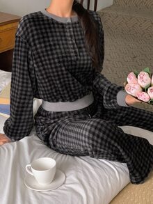 DAZY Women's Plaid Long Sleeve Top And Pants Casual Daily Home Pajama Set - Blue - View 10