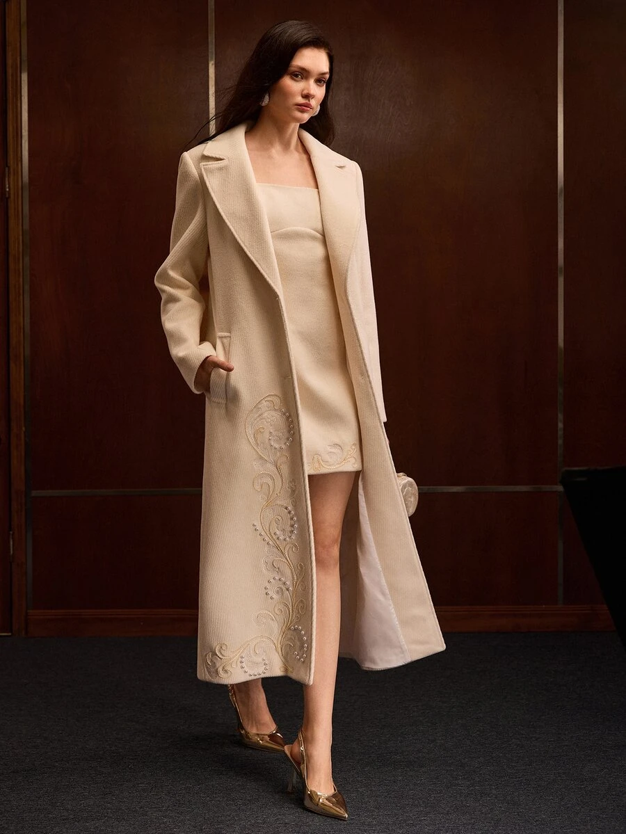 MOTF PREMIUM WOMEN'S AUTUMN/WINTER WOOL BLEND JEWELRY EMBELLISHED EMBROIDERED MID-LENGTH COAT - Beige - View 1