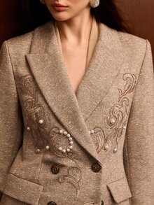 MOTF PREMIUM WOMEN'S AUTUMN/WINTER WOOL BLEND DOUBLE-BREASTED BLAZER WITH JEWELED EMBROIDERY DECORATION - Khaki - View 3