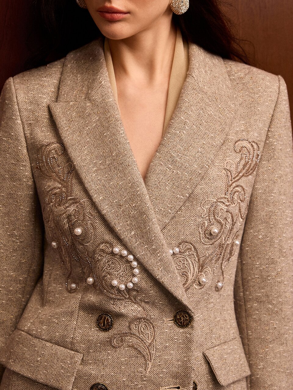 MOTF WOMEN'S AUTUMN/WINTER WOOL BLEND DOUBLE-BREASTED BLAZER WITH JEWELED EMBROIDERY DECORATION