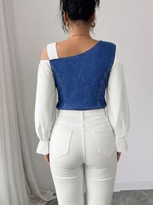 GlowEve CURVE Plus Size Women's Colorblock Casual Daily Denim Top - Blue - View 2