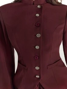 SHEIN BAE Setelan Blazer dan Celana Panjang Wanita Warna Burgundy dengan Kerah Tegak dan Bahu Lebar - Burgundy - View 7