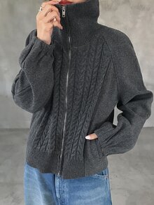 FRIFUL Women's Solid Color Zipper Casual Versatile Daily Wear Wool Blend Jacket - Grey - View 2