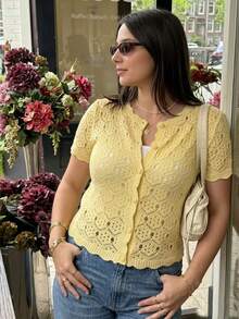 Cévolie Plus Size Women Solid Color Casual Versatile Daily Wear Knit Top - Light Yellow - View 2