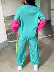 SHEIN CURVE+ Women's 22w Contrast Color Jacket And Jogger Pants 2pcs/Set - Multicolor - View 3