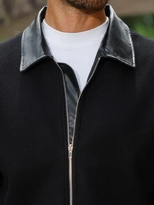Manfinity Homme 男士成熟休閒拼接翻領夾克 PU皮革領對比色拉鍊短款羊毛混紡外套，適合萬聖節、聖誕節、新年送禮 - 黑色 - 查看 4