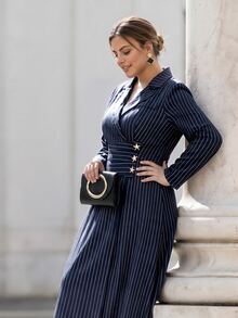Chikora Plus Size Women's Navy Blue Striped Elegant Dress With Collar And Cinched Waist For Meeting And Commuting - Navy Blue - View 6