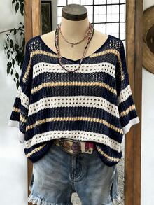EMERY ROSE Plus-Size Women's Spring/Summer Casual Wear: Simple, Versatile, And Fresh Style. Features Contrasting Colors, Stripes, Cutouts, And Crochet Details. A Loose-Fitting, Round-Neck Plus-Size Knit Top Perfect For Spring And Summer. - Navy Blue - View 3