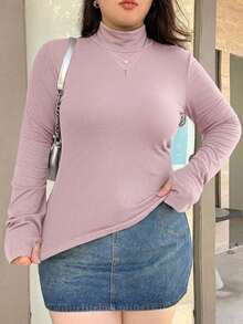 Dazy Plus 修身純色高領打底 T-shirt 春夏秋款 - 紫色 - 查看 3