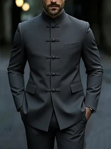 Manfinity Mode Men's Luxurious Frog Button Design Stand Collar Blazer, The Stand Collar Design Provides More Styling And Layering, Suitable For Daily Commute, Business, Party And Banquet Wear. This Blazer Is An Indispensable Versatile Item In Men's Wardrobe, Making It A Perfect Gift For Boyfriend Or Husband - Dark Grey - View 1