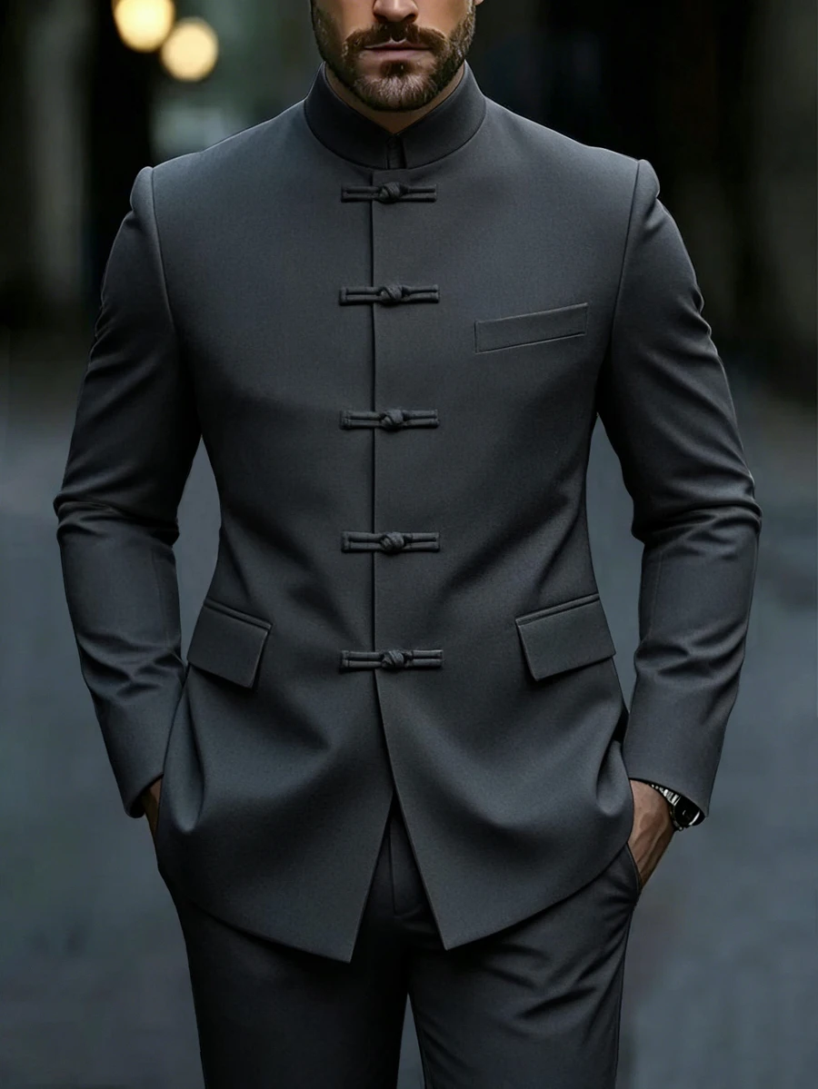 Manfinity Mode Men's Luxurious Frog Button Design Stand Collar Blazer, The Stand Collar Design Provides More Styling And Layering, Suitable For Daily Commute, Business, Party And Banquet Wear. This Blazer Is An Indispensable Versatile Item In Men's Wardrobe, Making It A Perfect Gift For Boyfriend Or Husband - Dark Grey - View 1
