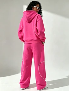 SHEIN Core Rhythm Women's Letter Pattern Hooded Long Sleeve Sweatshirt & Sweatpants Casual Daily Sports Set - Rose Red - View 2