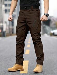 Manfinity Homme 男士休閒鈕扣口袋戶外長褲，適合日常穿著 - 咖啡棕 - 查看 1