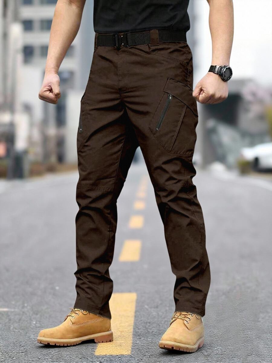 Manfinity Homme 男士休閒鈕扣口袋戶外長褲,適合日常穿著 - 咖啡棕 - 查看 1