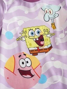 SpongeBob SquarePants | SHEIN طقم بيجامة منزلي يومي كاجوال للبنات الصغيرات بطبعة كرتونية، توب بأكمام قصيرة وبنطلون طويل - الأرجواني - مشاهدة 5