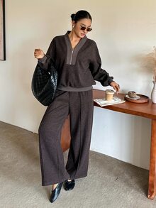 Dazy Plus Thickened Half-Open Collar Pullover Top & Long Pants Casual Fun Commute Spring Autumn New Two Pieces Set - Brown - View 1