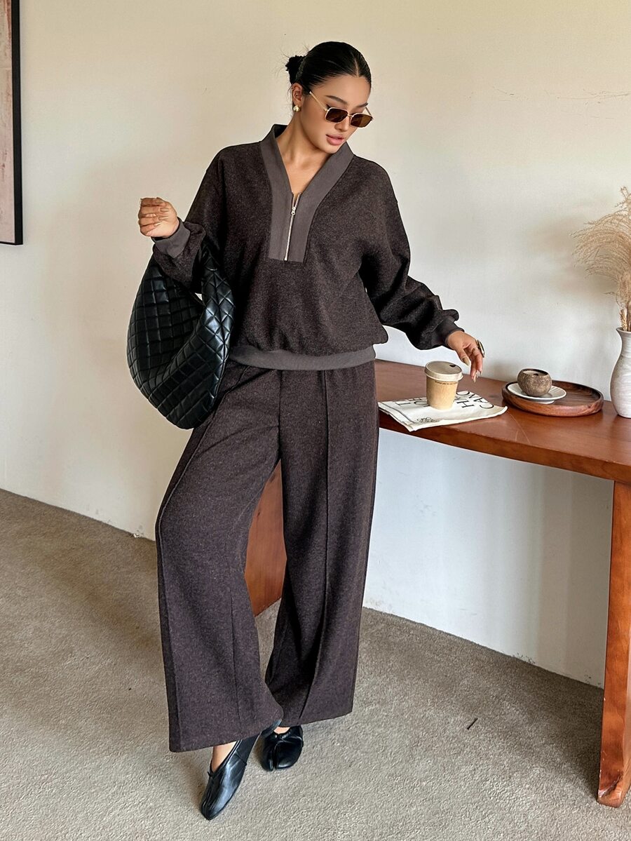 Dazy Plus Thickened Half-Open Collar Pullover Top & Long Pants Casual Fun Commute Spring Autumn New Two Pieces Set - Brown - View 1