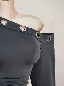 SHEIN ICON 女款大尺碼純色鏤空裝飾不對稱肩休閒日常夏秋洋裝 - 灰色 - 查看 5