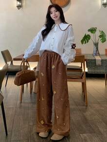 DAZY Women's Floral Embroidered Pocket Wide Leg Loose Casual Long Pants - Brown - View 2