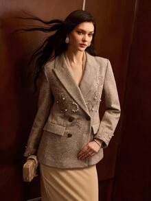 MOTF PREMIUM WOMEN'S AUTUMN/WINTER WOOL BLEND DOUBLE-BREASTED BLAZER WITH JEWELED EMBROIDERY DECORATION - Khaki - View 7