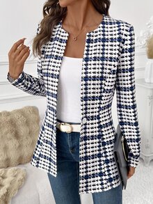 SHEIN Clasi Waist-Cinching Printed Colorblock Button Long Sleeve Blazer Jacket - Blue and White - View 7