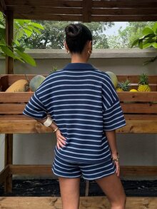Muchica Women's Casual Comfortable Navy Blue & Blue Colorblock Collared Short Sleeve Top And Shorts 2 Pieces Set - Blue - View 2