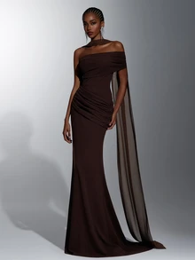 Elitara Women's Romantic Elegant Deep Coffee One Shoulder Asymmetrical Pleated Decor Fitted Bodycon Mermaid Hemline With Train Evening Gown (Free Halter Neck Shawl Scarf) Heavy Work Design Suitable For Wedding Party Celebration Formal Events - Coffee Brown - View 5
