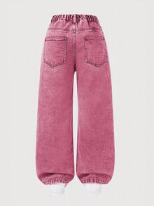 SHEIN ChillGRL Tween Girl New Fashion Snowflake Washed Distressed Design Embroidered Wide Leg Denim Jeans - Pink - View 2