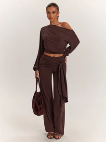 SHEIN BAE Fall Clothes For Women Sexy Asymmetrical Shoulder Top & Tie Waist Long Pants Brown Two Pieces Set Elegant Set Casual Set - Brown - View 3