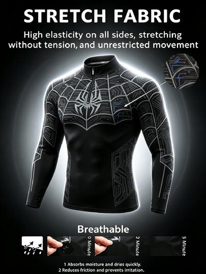 Voltform Camiseta deportiva de manga larga con ajuste ceñido y estampado de araña para hombre