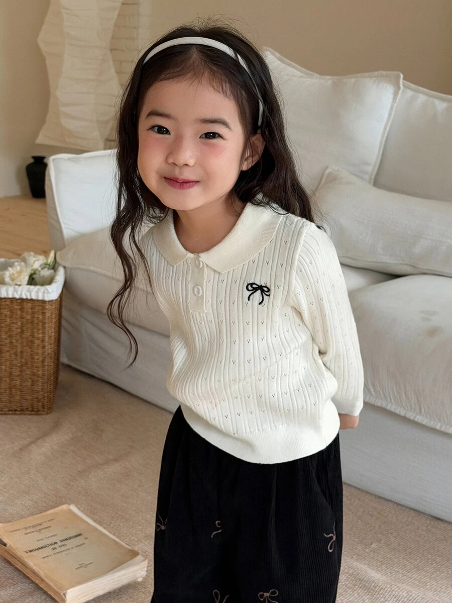 DAZY 女嬰刺繡蝴蝶結裝飾 Polo 領鏤空針織毛衣 - 白色 - 查看 1