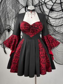 Whyspr Plus Size Black & Red Heart Lace Twist Knot Flare Sleeve A-Line Short Dress, Gothic Contrast Patchwork Waist-Cinched Slimming Dress - Black - View 3