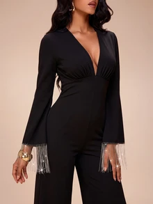 SHEIN Glamour Women's Black One-Piece Jumpsuit, Open Back Copper Chain Fringe, Fashionable & Minimalist - Black - View 3
