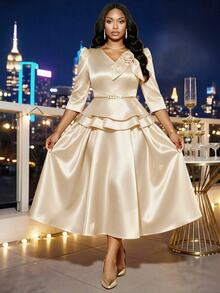 SHEIN Lady Plus Size Skirts Wedding Formal Dinner Champagne Winter Casual Elegant - Apricot - View 4