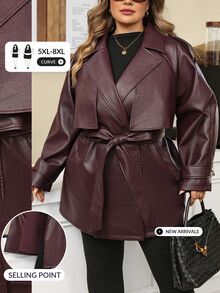 SHEIN CURVE+ Plus Size Women Burgundy PU Belted Jacket Winter Christmas - Burgundy - View 2