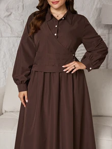 Al Najma Women's Shirt Collar Long Sleeve Ruched Waist Layered Versatile Spring Autumn Solid Color Plus Size Arabian Dress - Coffee Brown - View 4