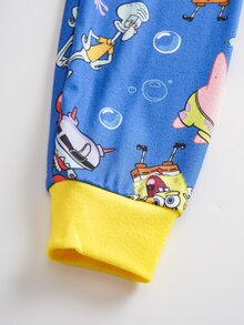 SpongeBob SquarePants | SHEIN 男童卡通圖案短袖上衣和長褲休閒家居睡衣套裝 - 藍色 - 查看 6