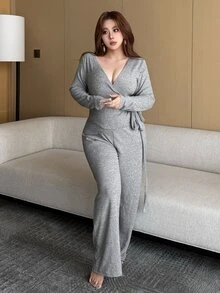 Dazy Plus Bộ 2 món áo ôm buộc dây và quần màu trơn phong cách thường ngày mới cho xuân/thu - Xám - Xem 6