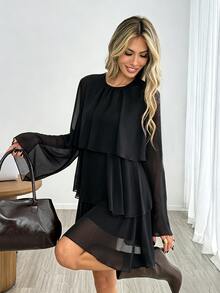 Easowa Round Neck Multi-Layer Ruffle A-Line Chiffon Sheer Flowy Long Sleeve French Elegant French Autumn/Winter Women's Short Dress Brunch Tea Party Black - Black - View 2