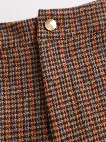 Sweetra Vintage Plaid Square Neck Vest & Wide Leg Pants Set, Retro Brown Small Check Pattern, Crisp Elegant Sleeveless Vest With Exquisite Metal Button Accents, Sophisticated Versatile Outfit For Daily Commute, Date And Outing - Mocha Brown - View 7