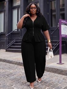 Slaydiva Plus Size 2 Pieces Outfits, Grey Zip Waist Crop Top & Harem Pants Matching Set - Black - View 1