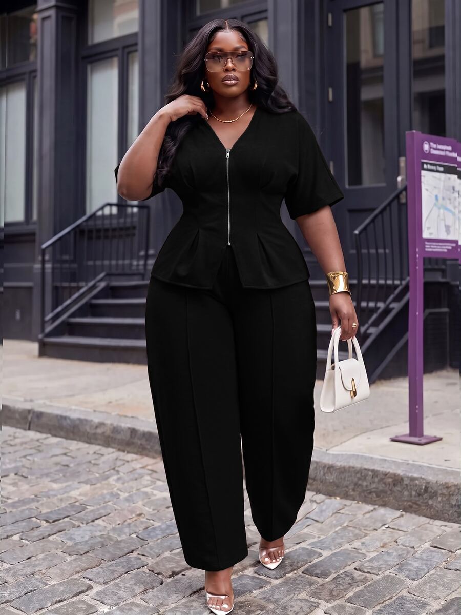 Slaydiva Plus Size 2 Pieces Outfits, Grey Zip Waist Crop Top & Harem Pants Matching Set - Black - View 1