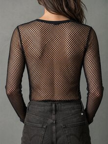 Trelyra 女款街頭風性感網紗長袖T恤 - 黑色 - 查看 2