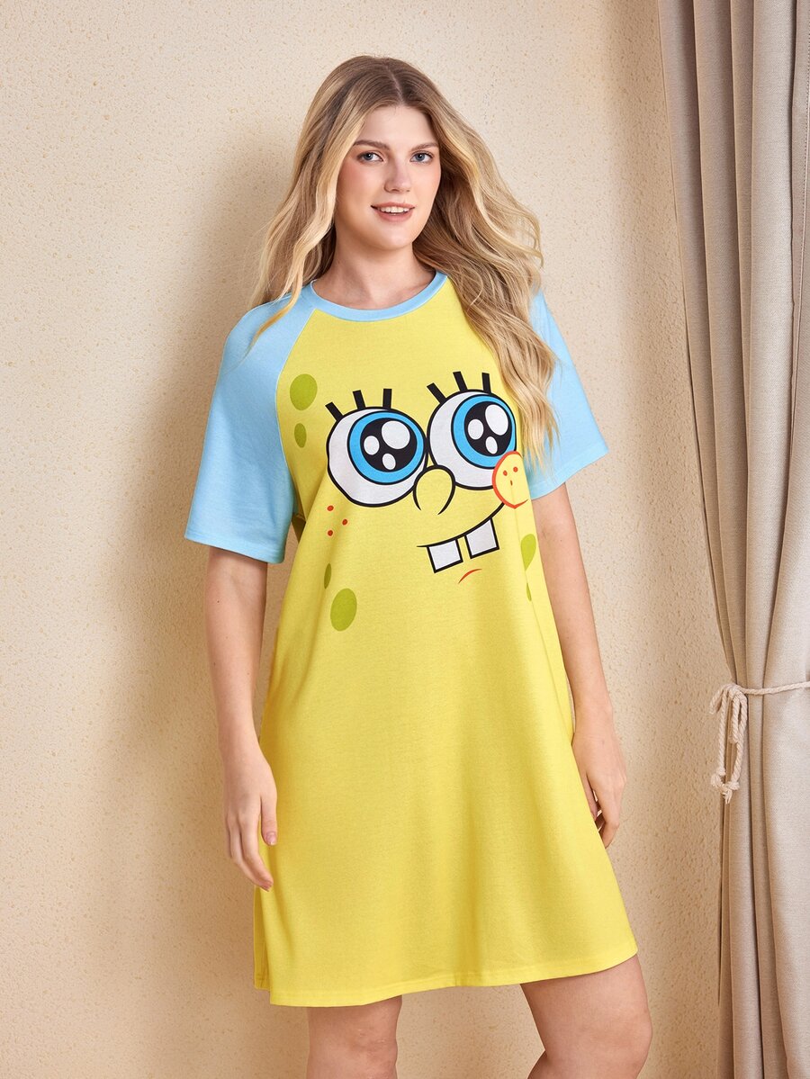 SpongeBob SquarePants | SHEIN 女款卡通圖案休閒日常居家短袖睡裙 - 黃色 - 查看 1